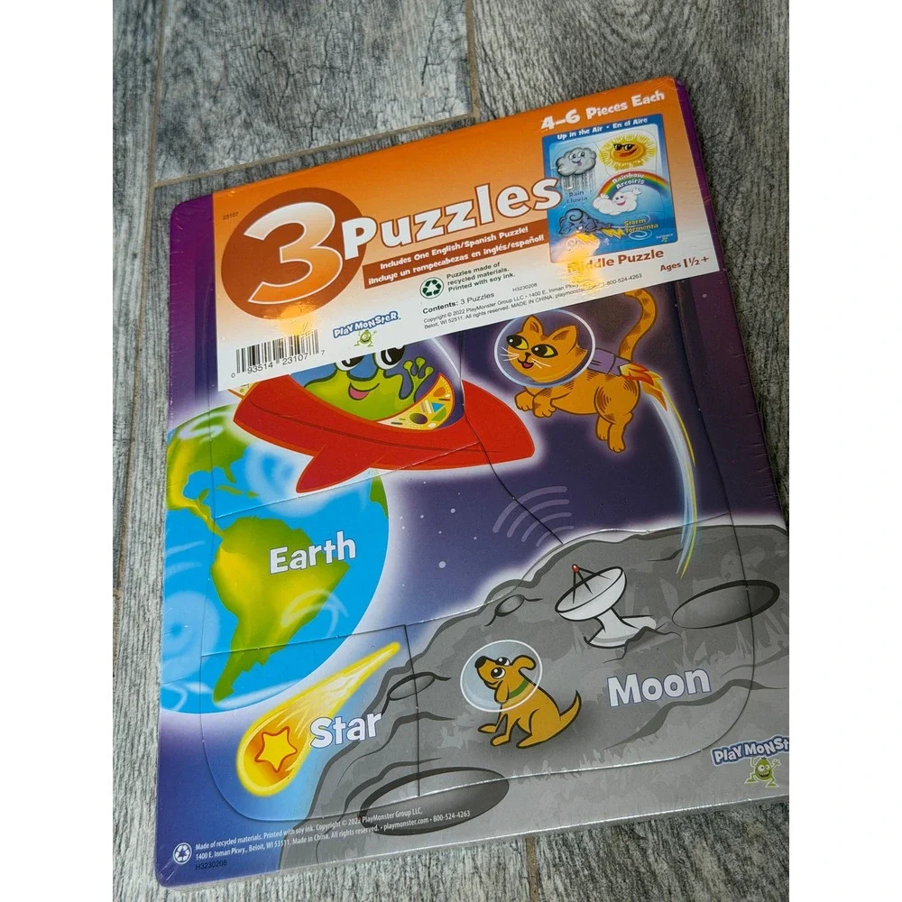PlayMonster Board Puzzles Bilingual Space Dino Pets English Spanish NWT Learning